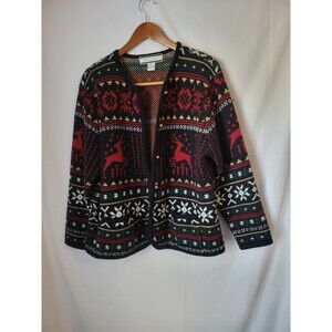 Vintage Crystal Kobe Women's Christmas Reindeer Cardigan Sweater Size M Acrylic
